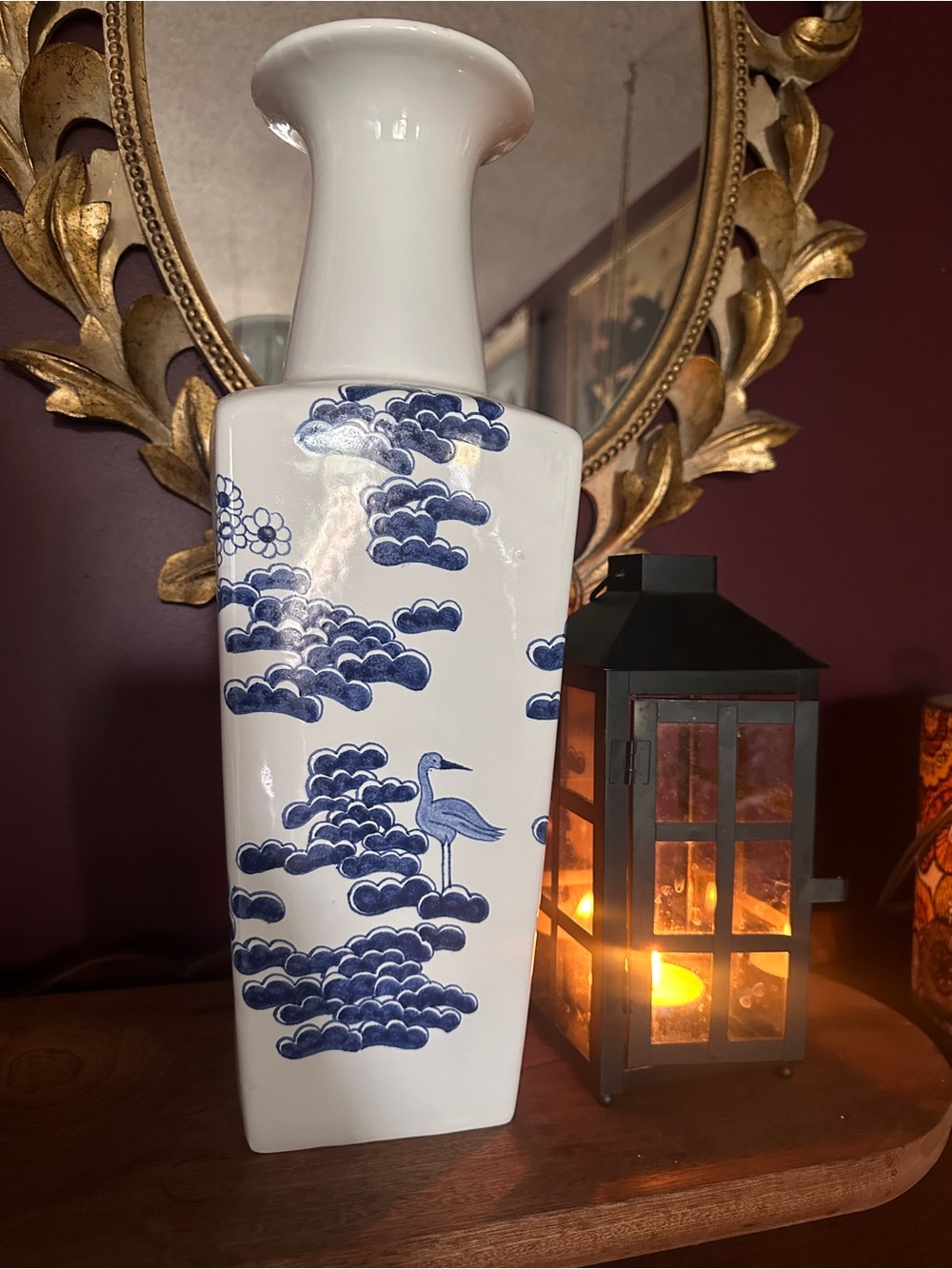 Royal Maiolica Italy 16” Blue White Crane Vase Hand Decorated Chinoiserie